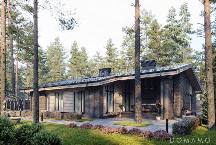 Проект кирпичного одноэтажного дома с 3 комнатами, сауной и навесом для автомобилей