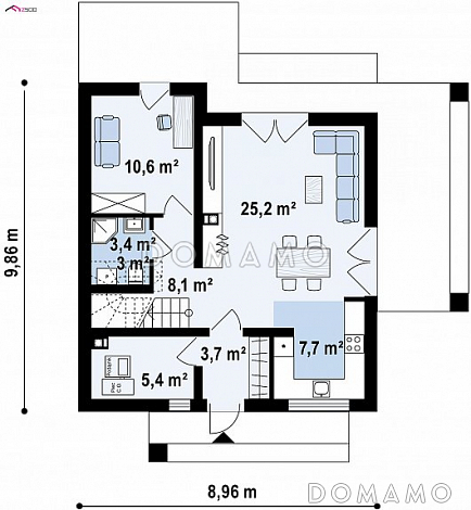 Проект компактного одноэтажного мансардного дома из газобетона с кабинетом и двумя спальнями / План 1 этажа