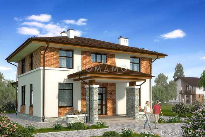 Проект двухэтажного коттеджа с панорамным остеклением на террасу и со вставками красного кирпича