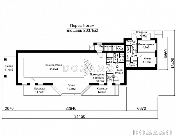 Проект помещения бассейна с помещением для персонала / План 1 этажа