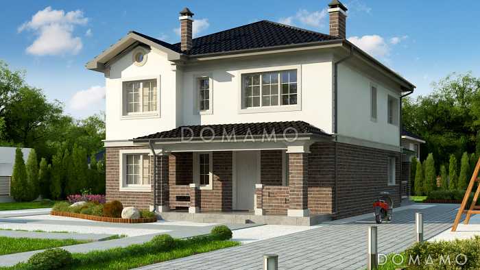 Проект современного двухэтажного дома из газобетона с пятью комнатами и крытой террасой, без гаража