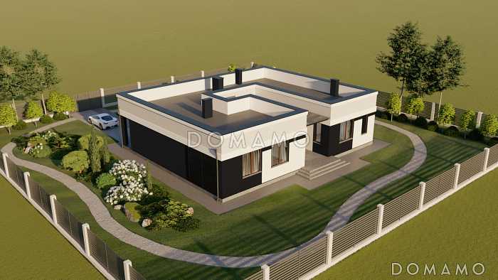 Проект одноэтажного кирпичного дома в стиле хай-тек с внутренним двором, бильярдной, сауной и гаражом