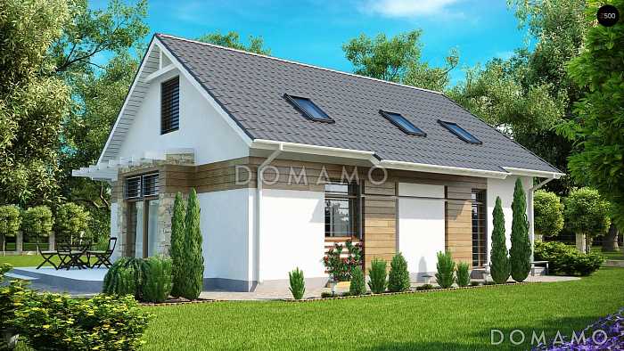 Проект небольшого одноэтажного мансардного дома из кирпича с дополнительной комнатой на первом этаже и панорамным остеклением дневной зоны