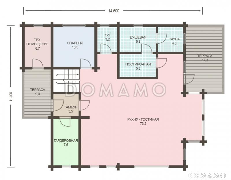 Проект деревянного дома из клееного бруса с большой совмещенной гостиной с кухней / План 1 этажа
