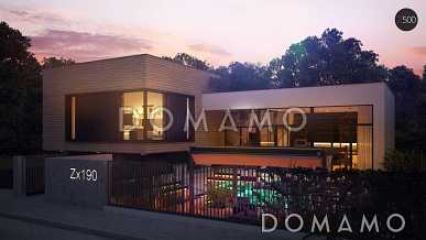 Проект современного двухэтажного дома из газобетона с плоской крышей, с двумя спальнями и подземным гаражом