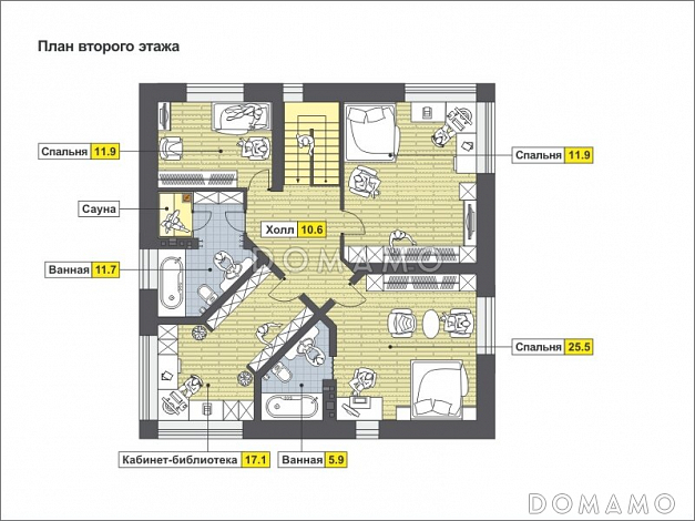 Проект двухэтажного квадратного дома с отрытой террасой, спальней на первом этаже, большой ванной / План 2 этажа