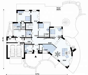 Проект красивого просторного мансардного коттеджа из кирпича с террасой на втором уровне / План 1 этажа