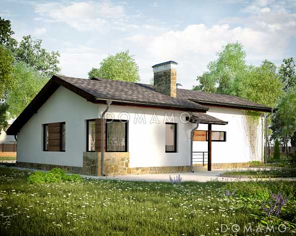 Проект одноэтажного дома из SIP панелей с большой крытой террасой, тремя спальнями, кузней с окном, чердаком