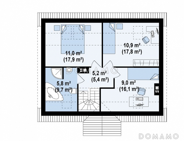 Проект одноэтажного мансардного дома из газобетона с камином в центральной части дома / План мансардного этажа
