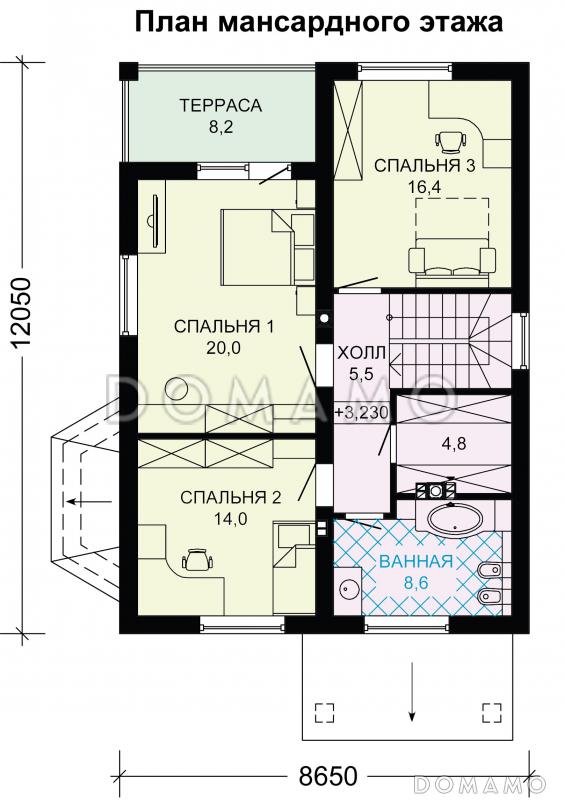 Проект небольшого дома с двумя крытыми террасами / План мансардного этажа