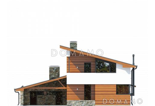 Проект дома из СИП панелей с навесом на две машины, крытой террасой, спальней на первом этаже, балконом / Фасад 2