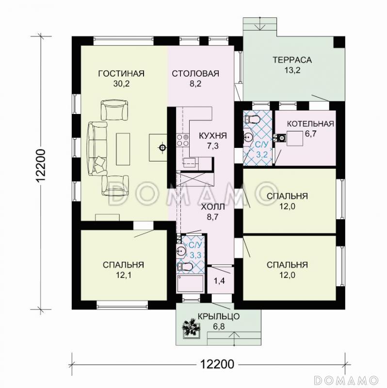 Проект одноэтажного дома из пенобетона с тремя спальнями и крытой террасой / План 1 этажа