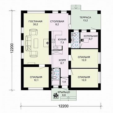 Проект одноэтажного дома из СИП панелей с тремя спальнями и крытой террасой / План 1 этажа