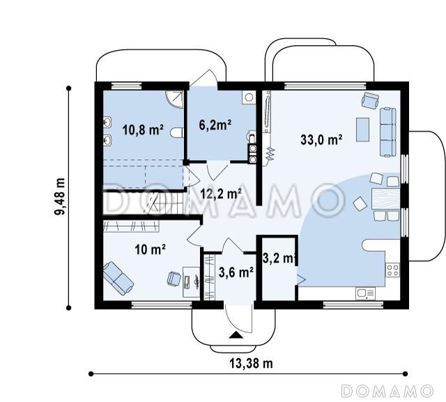 Проект простого компактного двухэтажного коттеджа из кирпича с кабинетом / План 1 этажа
