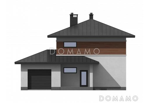 Проект загородного дома с гаражом, объединенной кухней и гостиной,  ванной с окном на втором этаже / Фасад 1