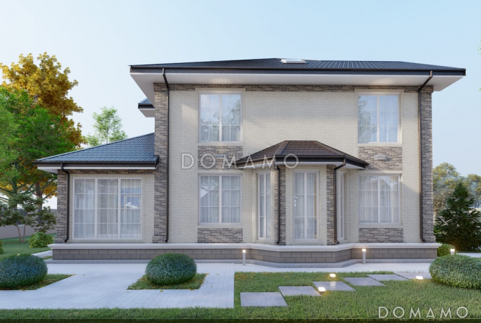 Проект двухэтажного дома с эркерной гостиной, камином и крытой террасой