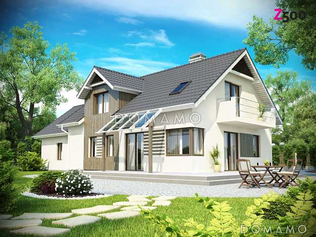 Проект просторного одноэтажного дома из кирпича с тремя спальнями и подсобным помещением на мансардном этаже и со встроенным гаражом