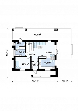 Проект современного двухэтажного дома из газобетона с четырьмя комнатами и уютной частично крытой террасой / План 1 этажа