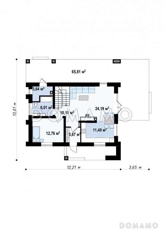 Проект современного двухэтажного дома из газобетона с четырьмя комнатами и уютной частично крытой террасой / План 1 этажа