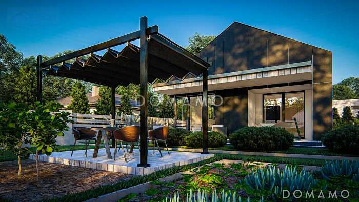 Проект одноэтажного дома небольшой площади с гаражом, двумя спальнями с большими окнами