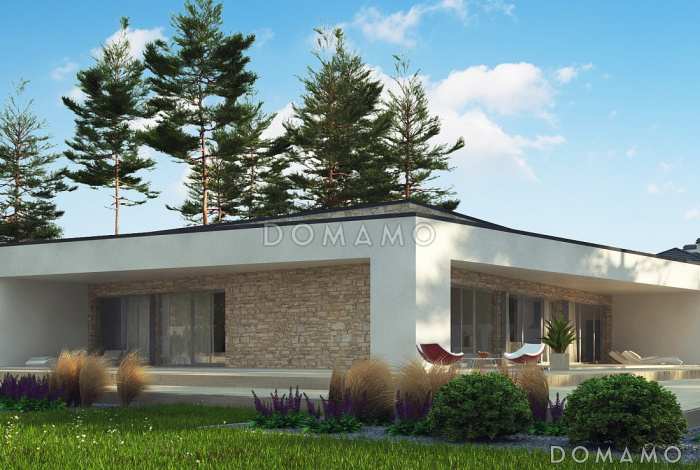 Проект просторного современного одноэтажного дома из кирпича с плоской крышей с тремя спальнями, крытыми террасами и одноместным гаражом