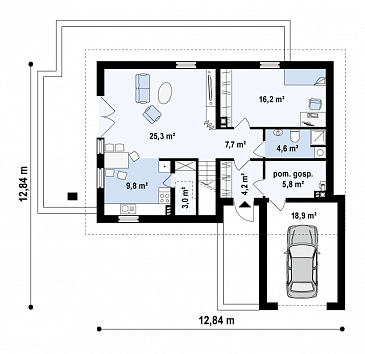 Проект одноэтажного мансардного дома из газобетона с балконом и с фронтальным пристроенным гаражом / План 1 этажа