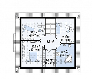 Проект одноэтажного мансардного дома из кирпича с дополнительной ночной зоной на первом этаже / План мансардного этажа