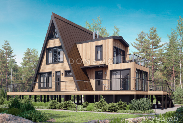 Дом A-frame с обходной террасой и бассейном