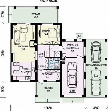 Проект двухэтажного дома с гаражом и навесом для автомобилей / План 1 этажа