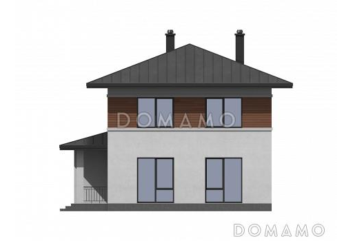 Проект загородного дома с гаражом, объединенной кухней и гостиной,  ванной с окном на втором этаже / Фасад 4