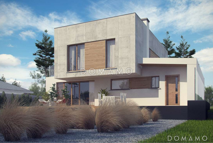 Проект современного двухэтажного дома из газобетона сложной формы с четырьмя спальнями и гаражом