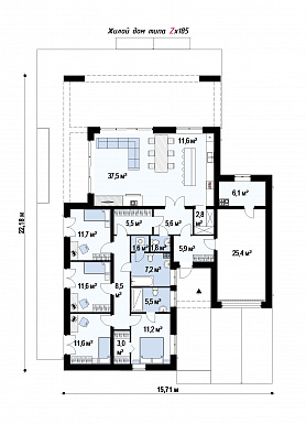 Проект современного одноэтажного дома из газобетона с плоской крышей, с четырьмя комнатами и одноместным гаражом  / План 1 этажа