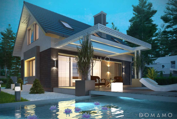 Проект компактного одноэтажного дома из кирпича с ночной зоной на мансардном этаже и с гаражом