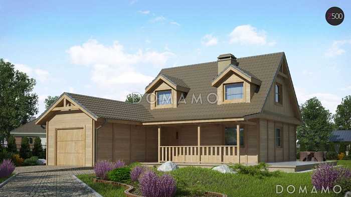 Проект компактного одноэтажного мансардного дома из газобетона с тремя спальнями, фронтальной террасой и гаражом