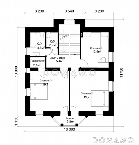 Проект классического коттеджа 10х10 с подвалом / План 2 этажа