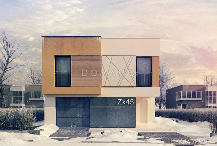 Проект современного двухэтажного дома из газобетона в стиле модерн, с террасой на втором уровне и встроенным гаражом 