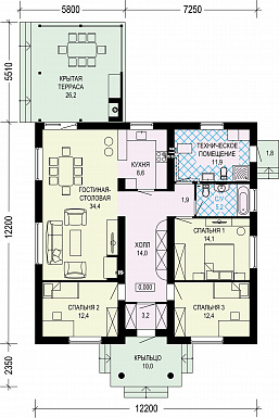 Проект одноэтажного газобетонного дома с террасой-барбекю / План 1 этажа