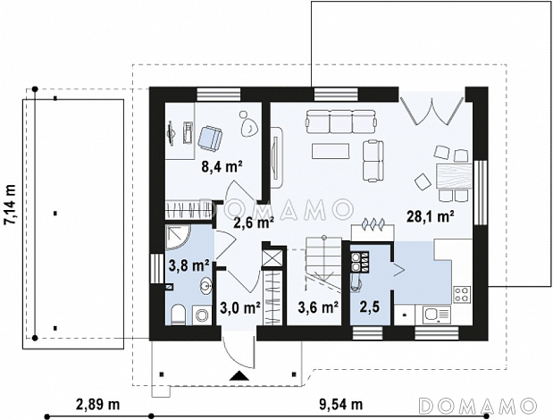 Проект одноэтажного мансардного дома из газобетона с балконом и навесом для автомобиля / План 1 этажа