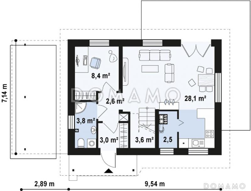 Проект одноэтажного мансардного дома из газобетона с балконом и навесом для автомобиля / План 1 этажа