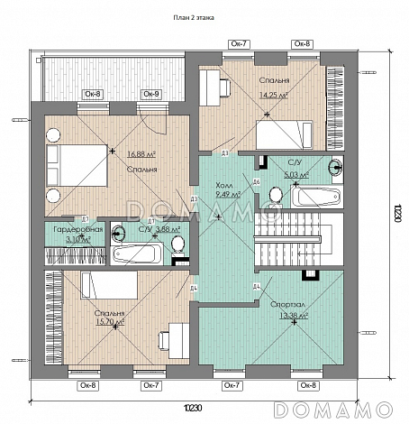 Проект коттеджа с совмещенной кухней-гостиной, спортзалом на мансардном этаже, балконом и окнами в пол / План мансардного этажа