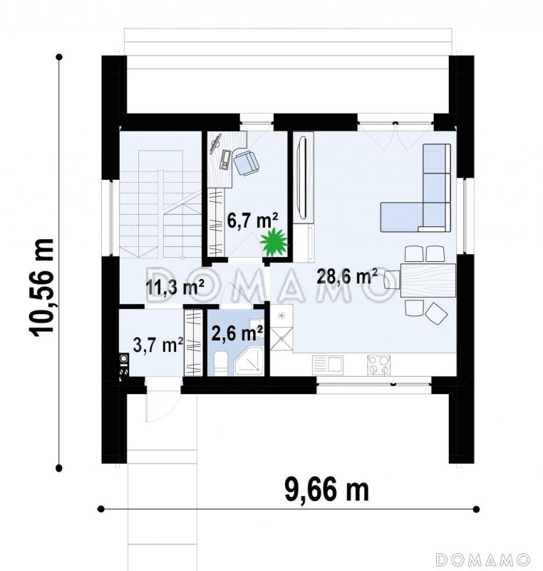Проект дома с подземным гаражом, кабинетом, светлой дневной зоной, спальнями на втором этаже с гардеробными / План 1 этажа