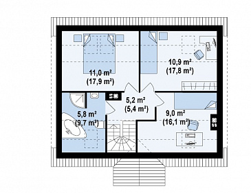 Проект одноэтажного мансардного дома из кирпича с камином в центральной части дома / План мансардного этажа