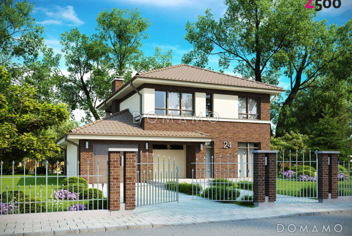 Проект современного каркасного двухэтажного дома с четырьмя спальнями, кабинетом и пристроенным гаражом