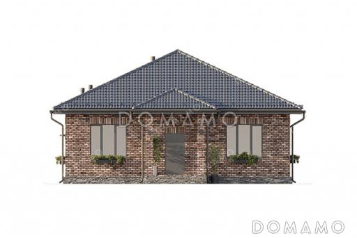 Проект простого одноэтажного дома с большой террасой, вальмовой кровлей, двумя санузлами и тремя спальнями / Фасад 4