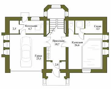 Проект просторного коттеджа с гаражом и сауной / План 1 этажа