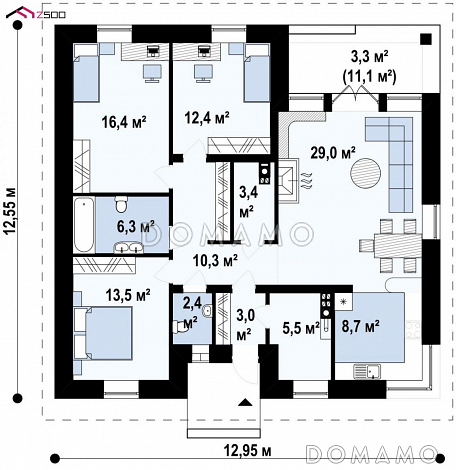 Проект одноэтажного дома из газобетона с кирпичными фасадами с тремя спальнями, светлой гостиной и угловым окном в кухне / План 1 этажа