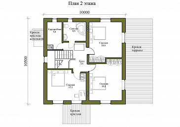 Проект двухэтажного дома с четырьмя спальнями, просторными верандой и гостиной / План 2 этажа
