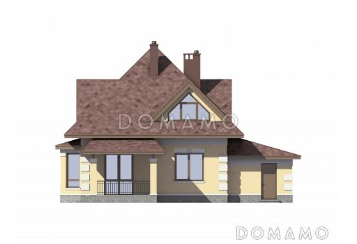 Проект одноэтажного дома из газобетона с мансардой, эркером, гаражом и шатровой ломанной крышей / Фасад 4