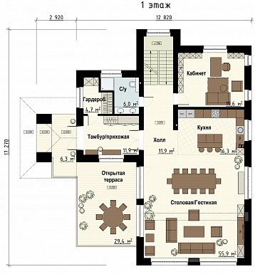 Проект дома с гаражом на 2 машины и навесом, сауной, террасой, кабинетом, детской / План 1 этажа