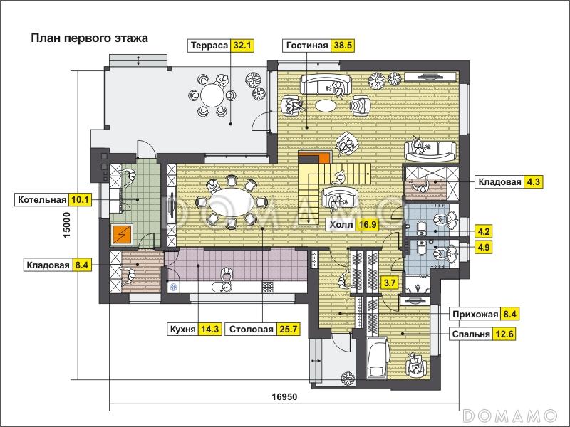 Проект дома с косой крышей, террасой, вытянутой прямоугольной кухней, просторной совмещенной гостиной столовой, спальней на первом этаже, вторым светом, игровой, кабинетом под крышей / План 1 этажа
